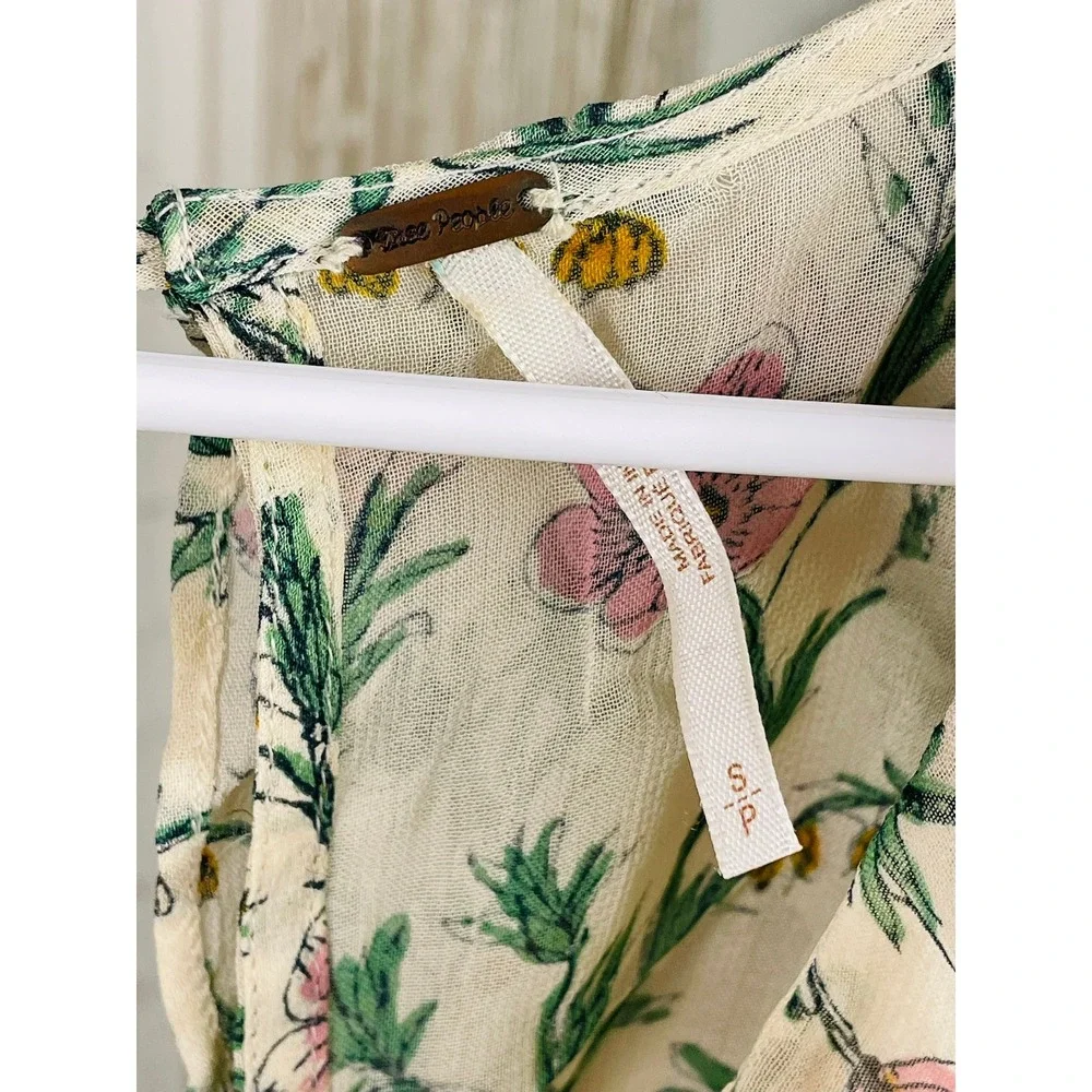 $128 Free People Floral Mini Dress Cream Ruffle Tie Front Women SM Cottagecore